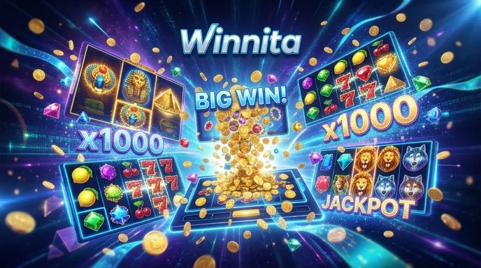 Slot di Winnita su una grande vincita con simboli e monete, a illustrare l’offerta di benvenuto