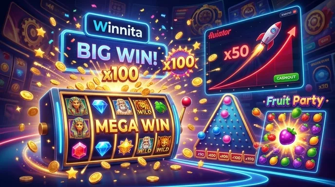 Smartphone con la lobby dell’app Winnita: slot e giochi crash che escono dallo schermo in 3D
