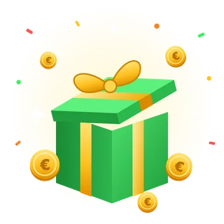Illustrazione: pacco regalo verde con monete d'oro, simbolo del bonus